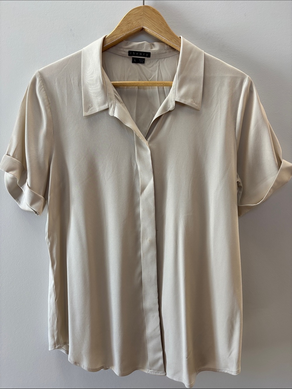 Theory Soft Cream Collared Silk-Feel Blouse